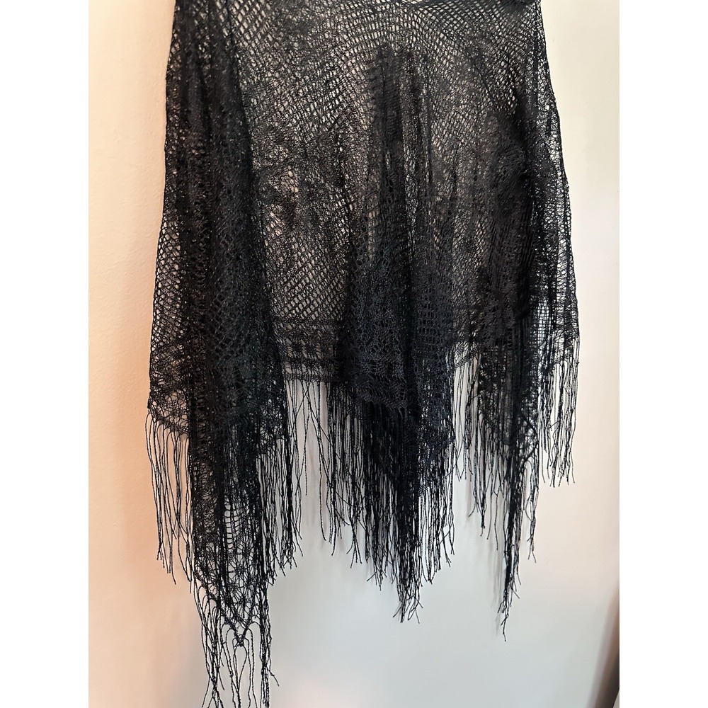 Black Lace Fringe Kimono Cover Up ONE SIZE Boho Sheer Floral Poncho Shawl Top - Picture 2 of 16